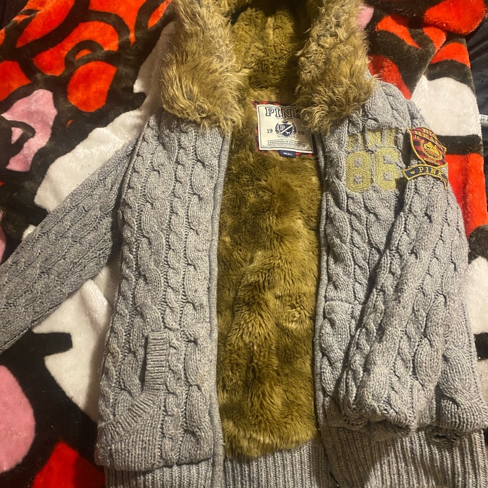 Gray Cable Knit Jacket with Fur Lining